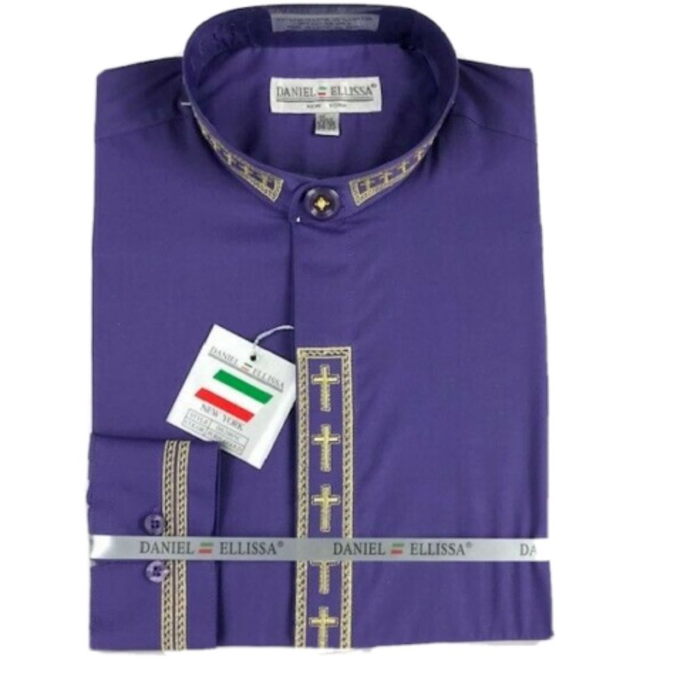 Daniel Ellissa Men's Clergy Shirt Nehru Collar Purple Gold Embroidered Crosses
